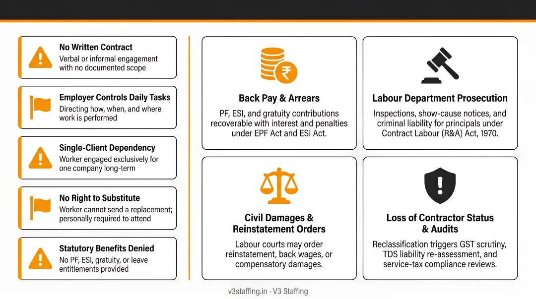 Worker misclassification red flags and legal consequences infographic India
