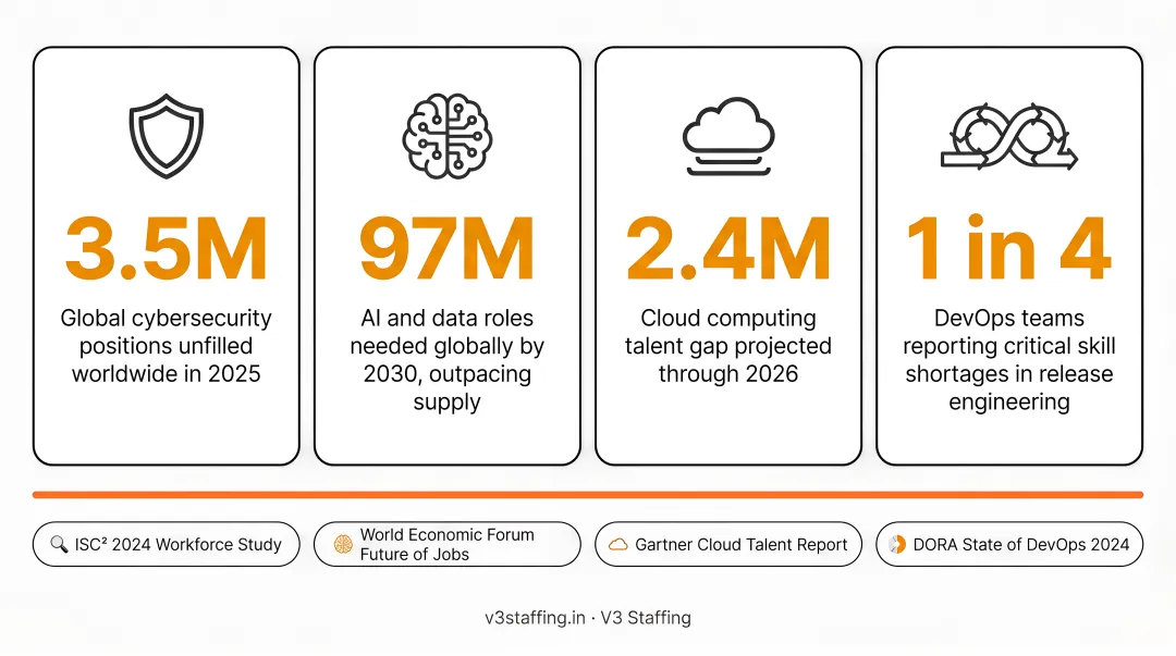 Global IT talent shortage statistics across cybersecurity AI cloud and DevOps domains