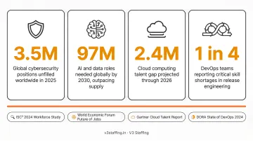 Global IT talent shortage statistics across cybersecurity AI cloud and DevOps domains