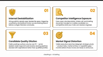 Four risks of public senior executive hiring internal destabilization competitor intelligence candidate quality infographic