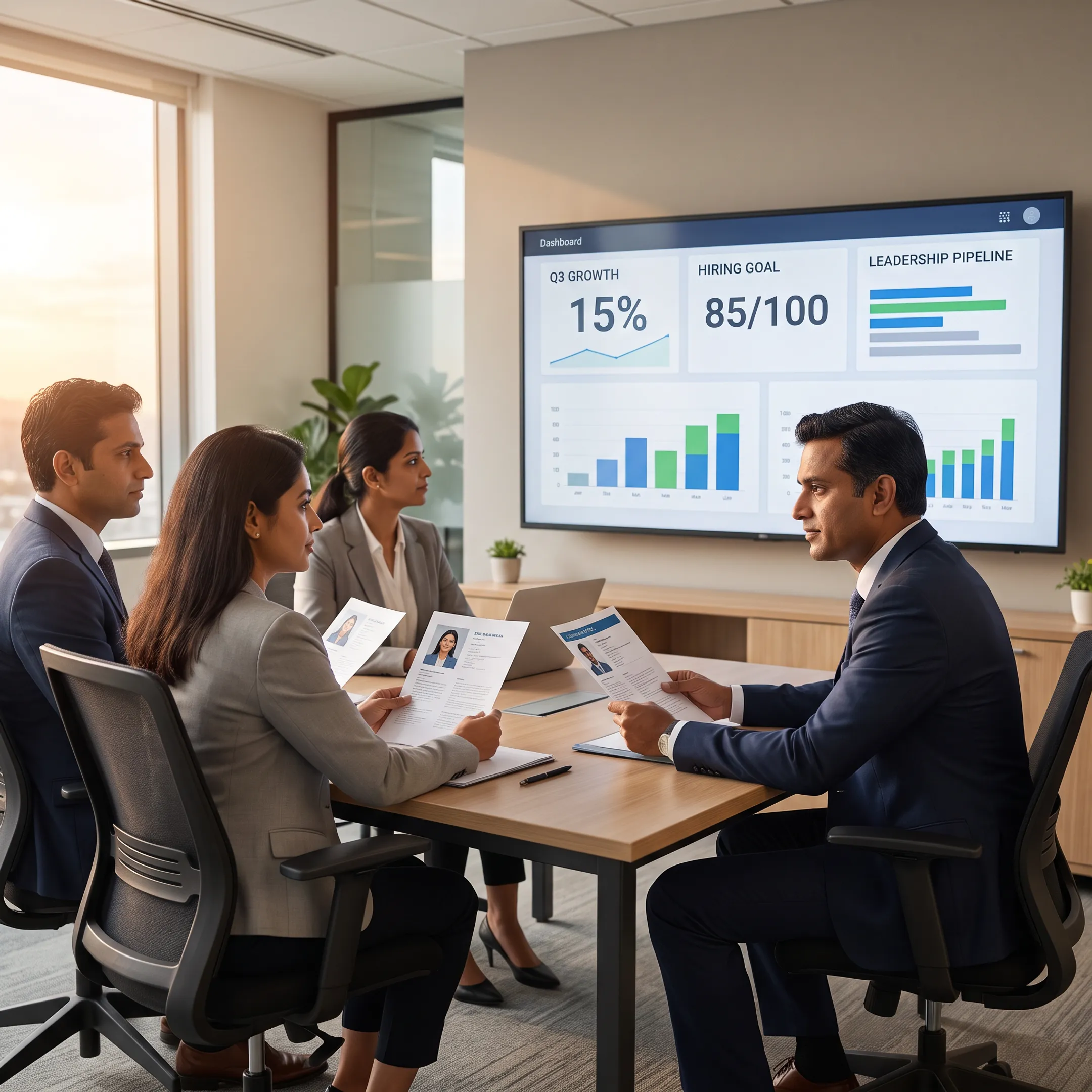 Recruiter discussing business intelligence leadership candidates with a hiring team