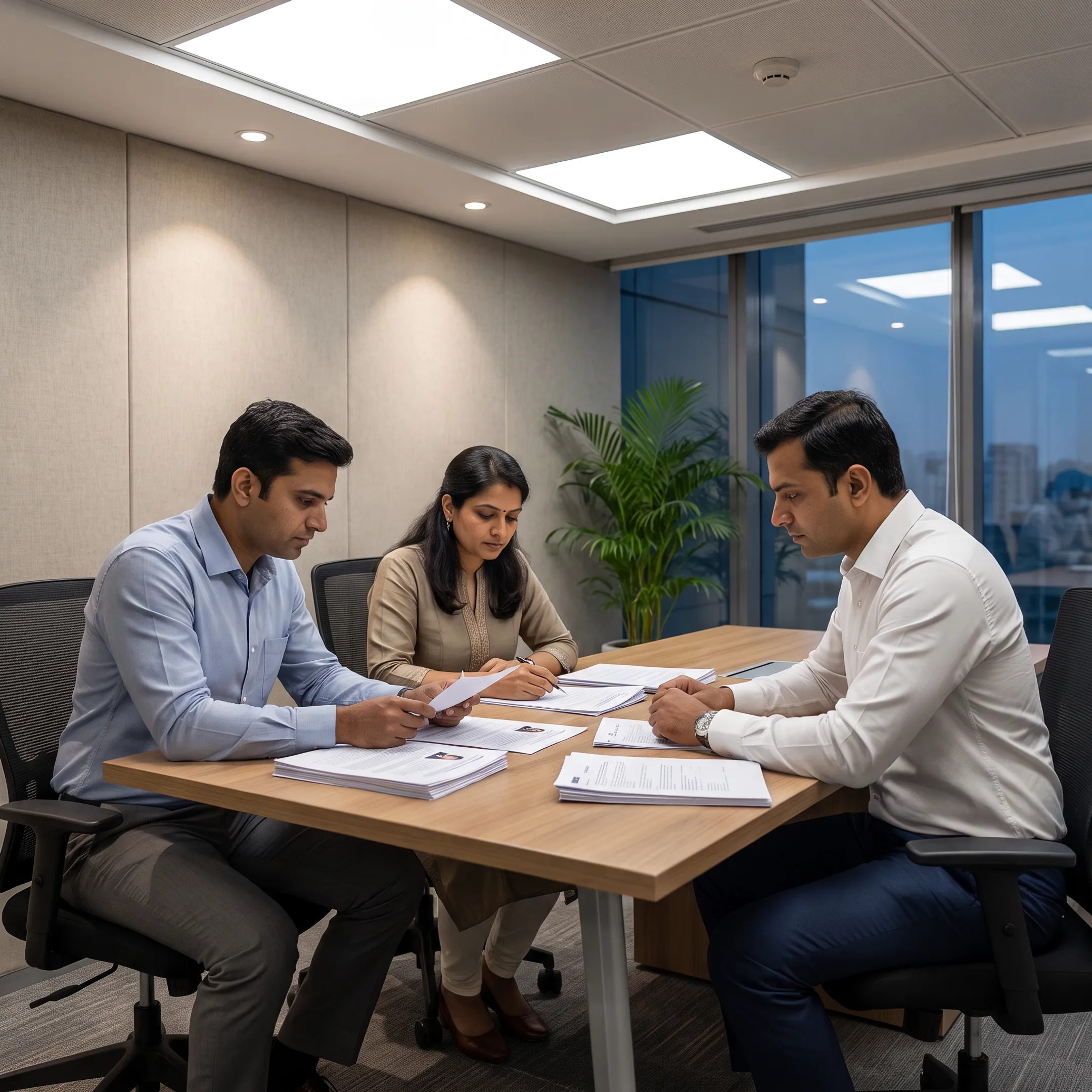 Recruitment professionals reviewing candidate profiles during a team hiring discussion
