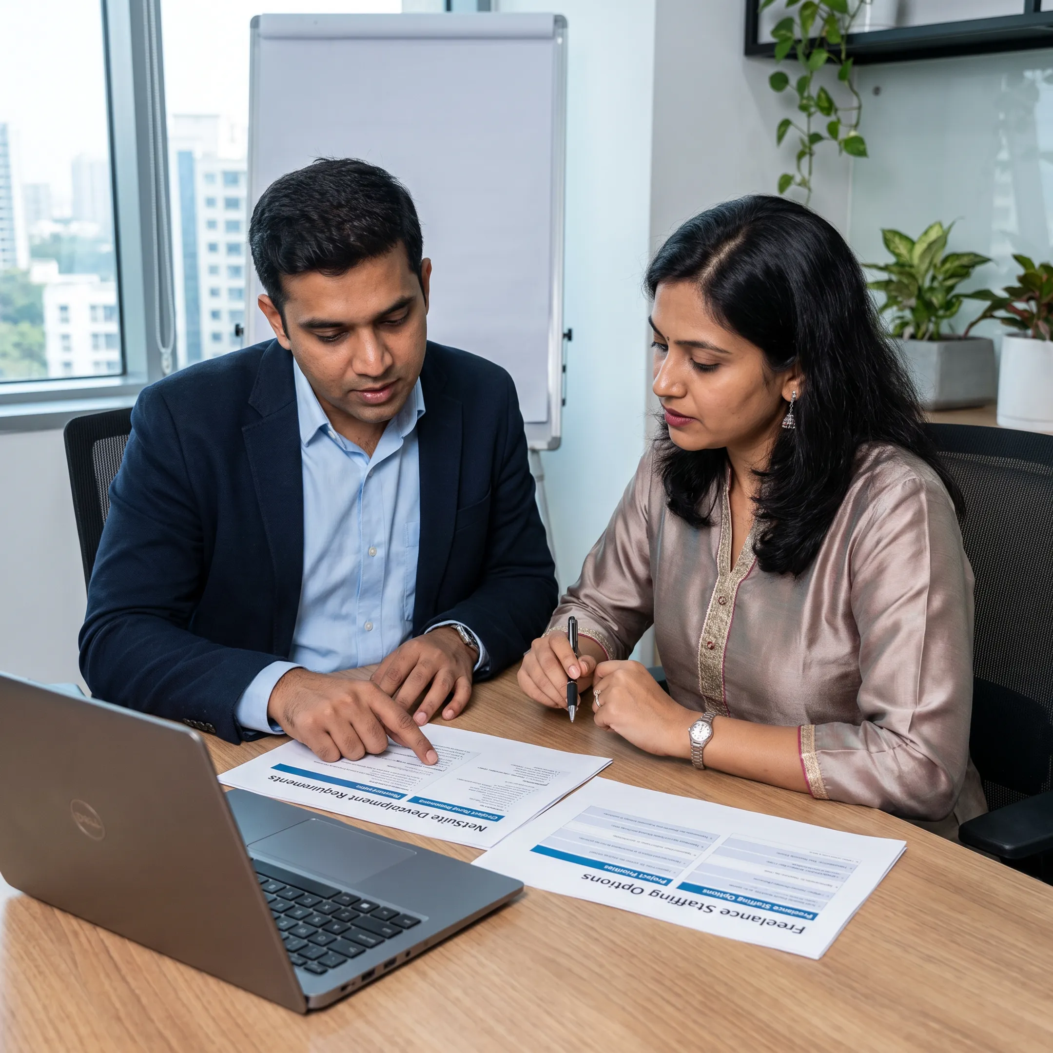 Hiring consultant discussing freelance NetSuite developer requirements with a business client
