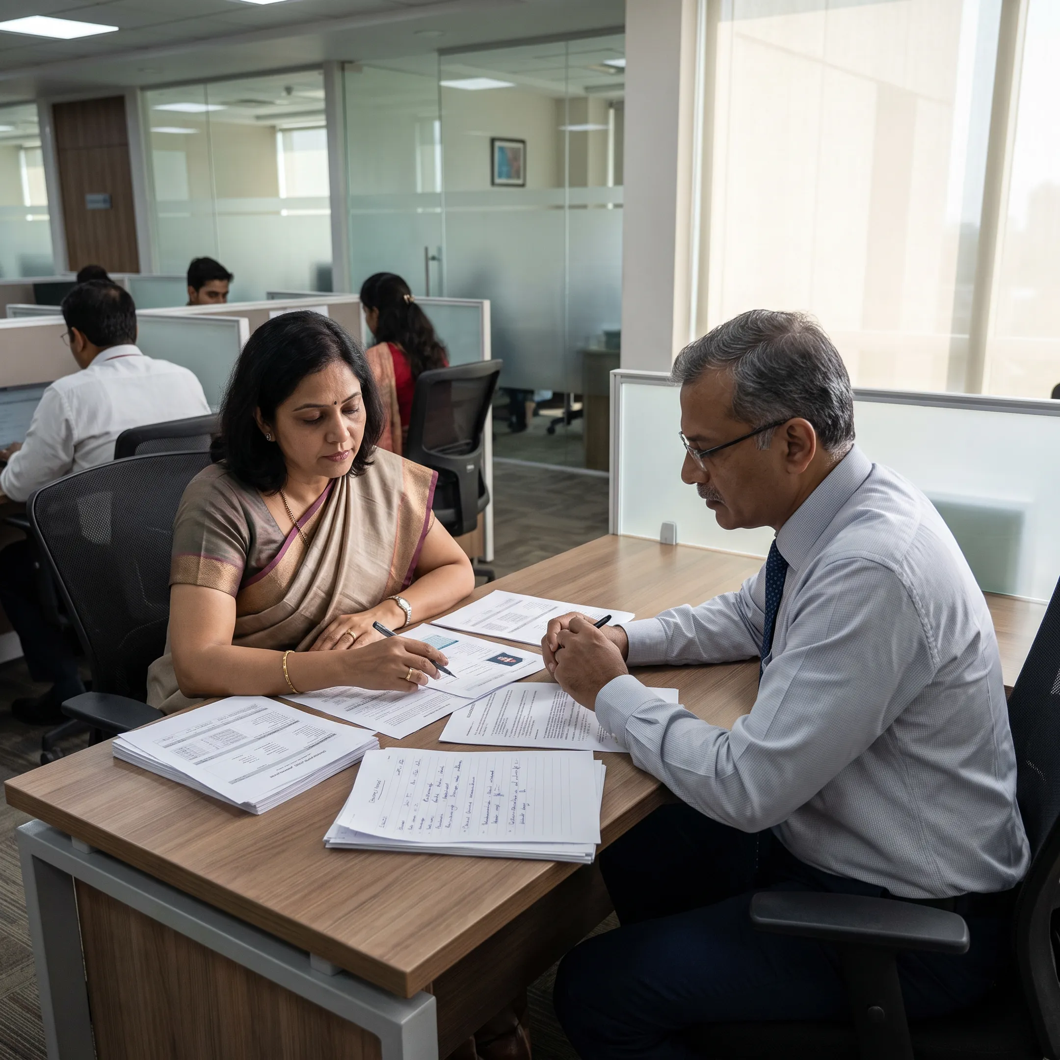 Recruiter reviewing accounting candidates with hiring manager in a modern office