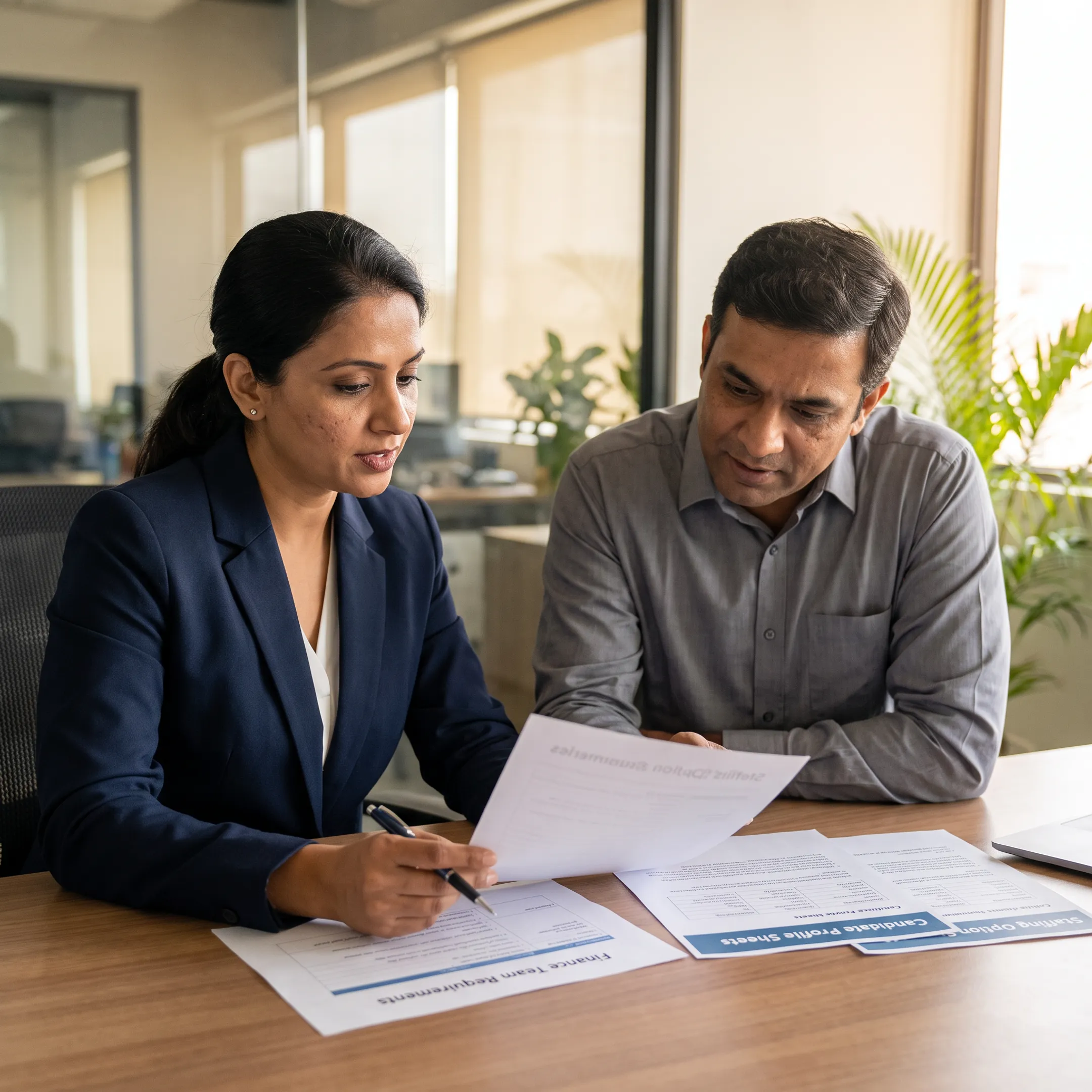 Accounts payable recruiter discussing finance hiring needs with a business leader