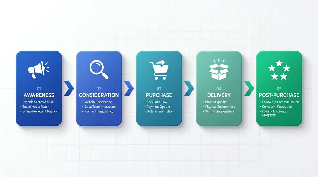 Five-stage brand experience audit framework from awareness to post-purchase touchpoints