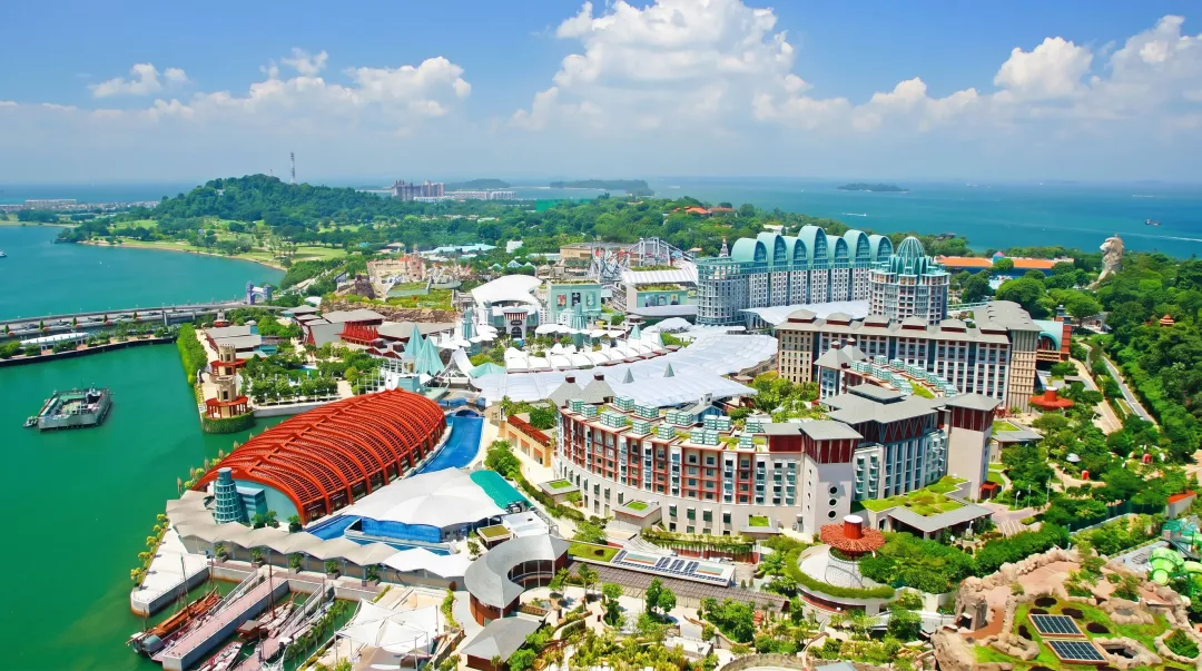 Sentosa Island aerial view showing themed zones beach clubs and attractions