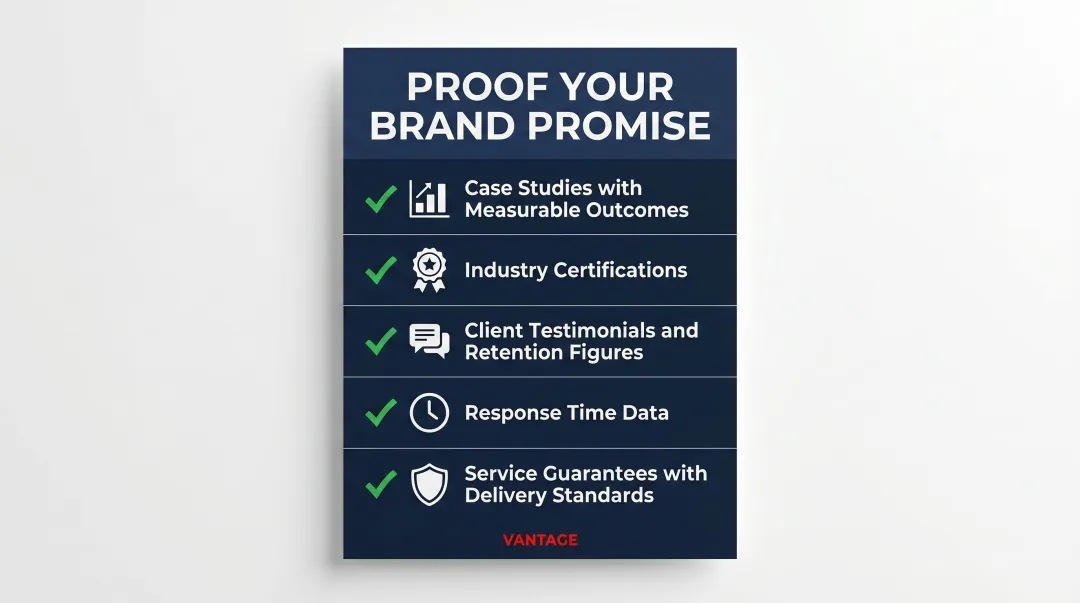 Brand promise proof elements checklist case studies certifications testimonials guarantees
