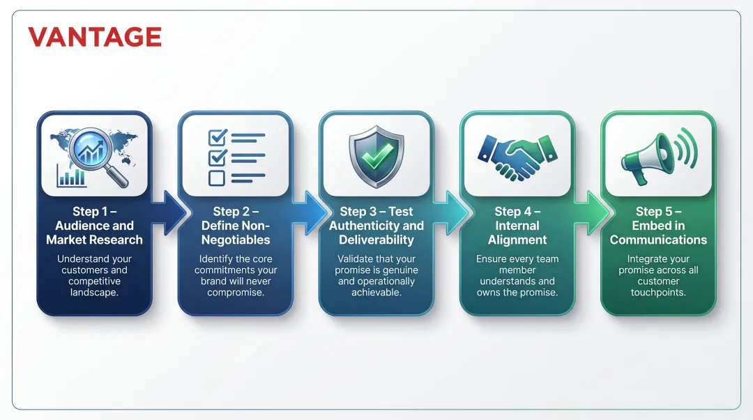 5-step brand promise development process from research to communications embedding
