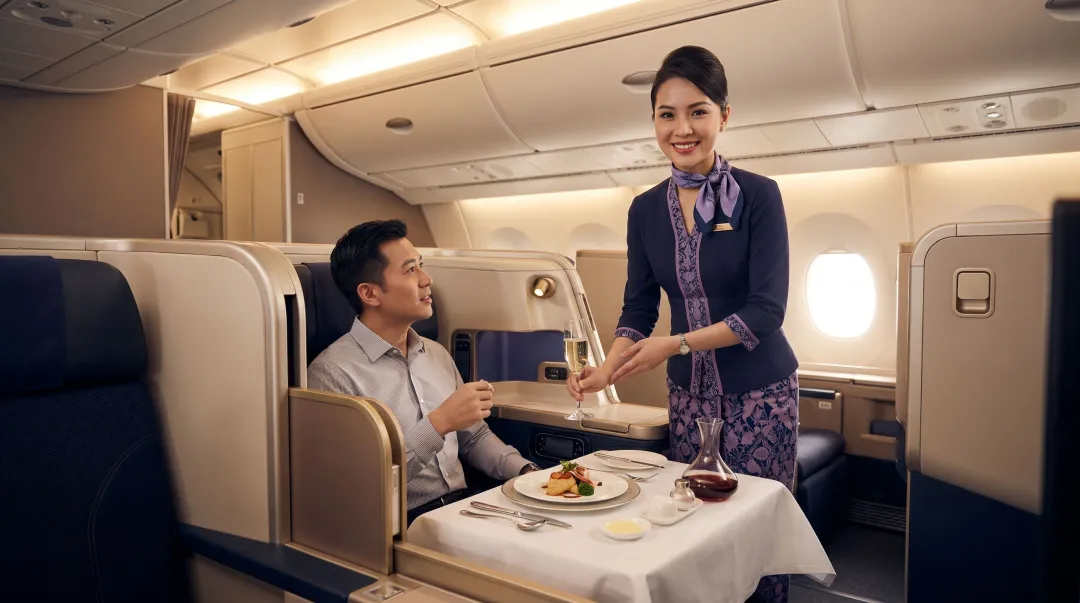 Singapore Airlines cabin crew delivering premium in-flight service to passengers