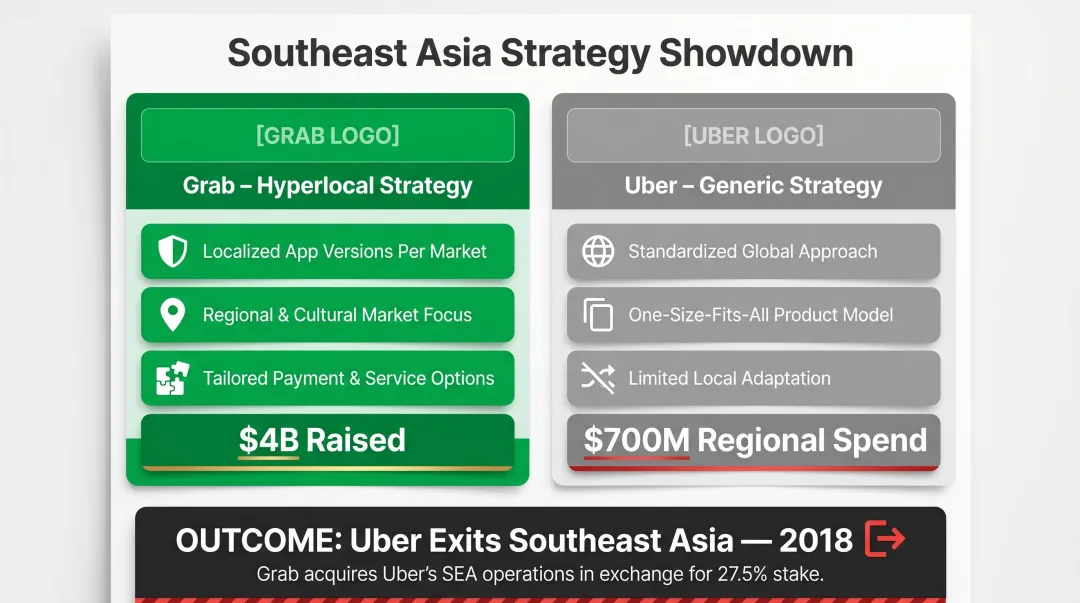 Grab versus Uber Southeast Asia hyperlocal strategy comparison infographic