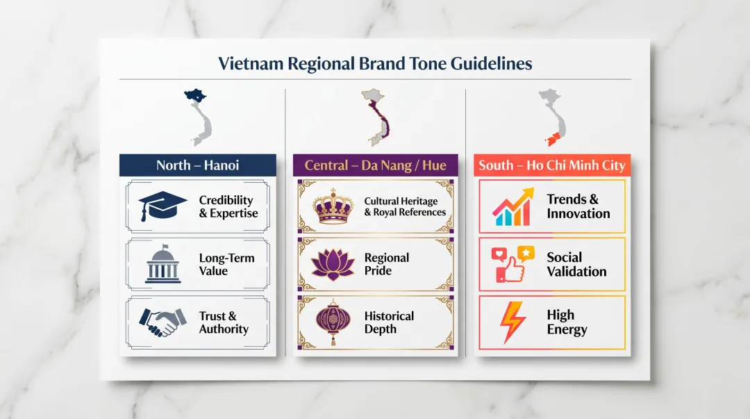 Vietnam three-region brand tone comparison North Central South infographic