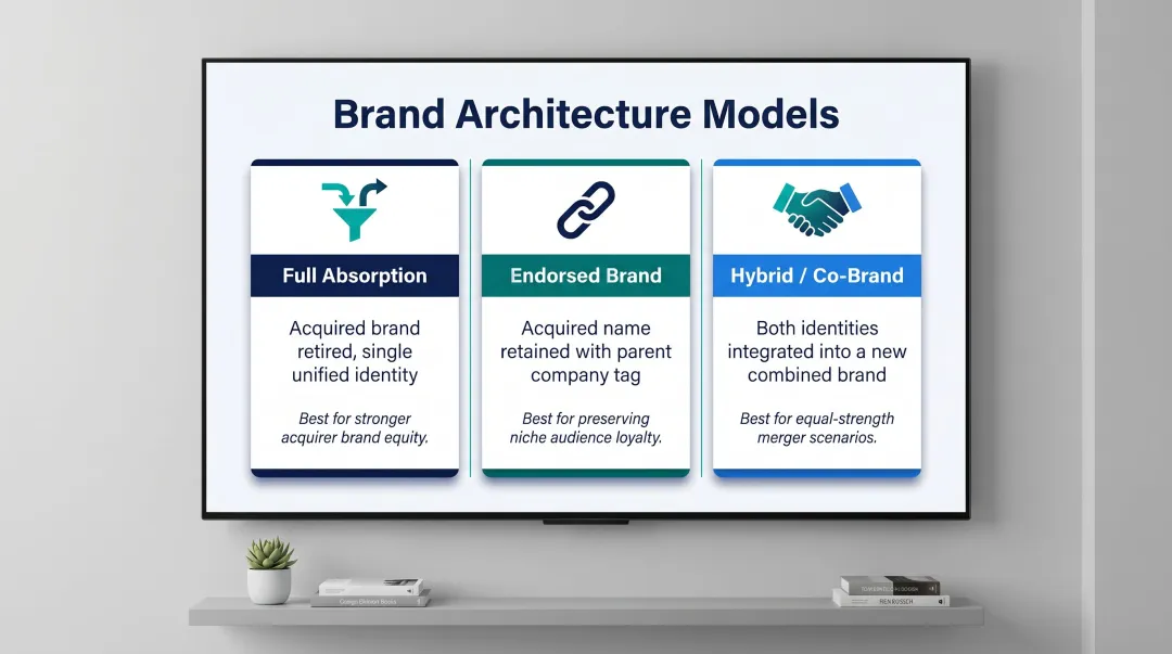 Three post-acquisition brand architecture models comparison infographic
