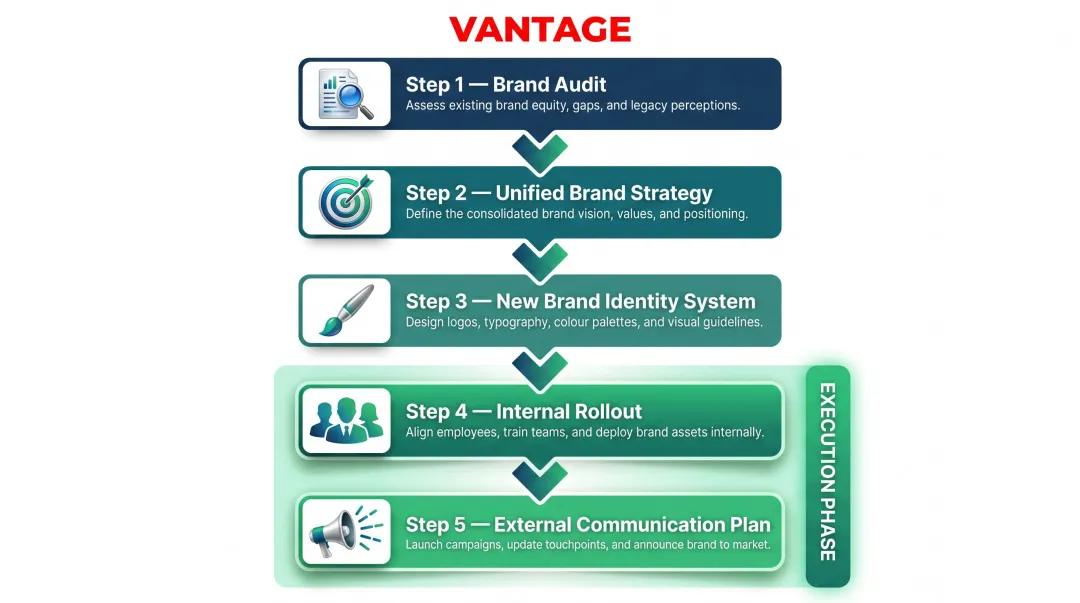 5-step post-acquisition rebranding process from brand audit to external rollout