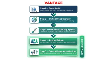 5-step post-acquisition rebranding process from brand audit to external rollout