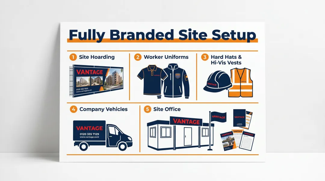 Construction company physical brand touchpoints checklist showing five branded site elements