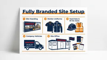 Construction company physical brand touchpoints checklist showing five branded site elements