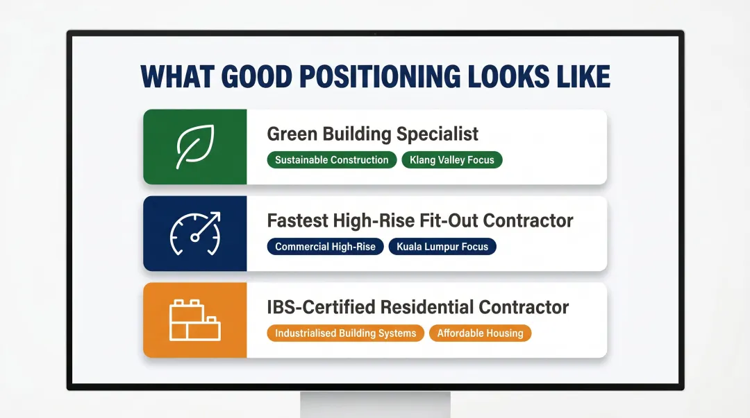 Three construction company brand positioning examples showing niche specialisation strategies