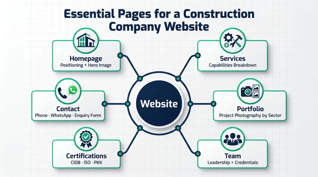 Construction company website essential pages sitemap showing six key sections and content