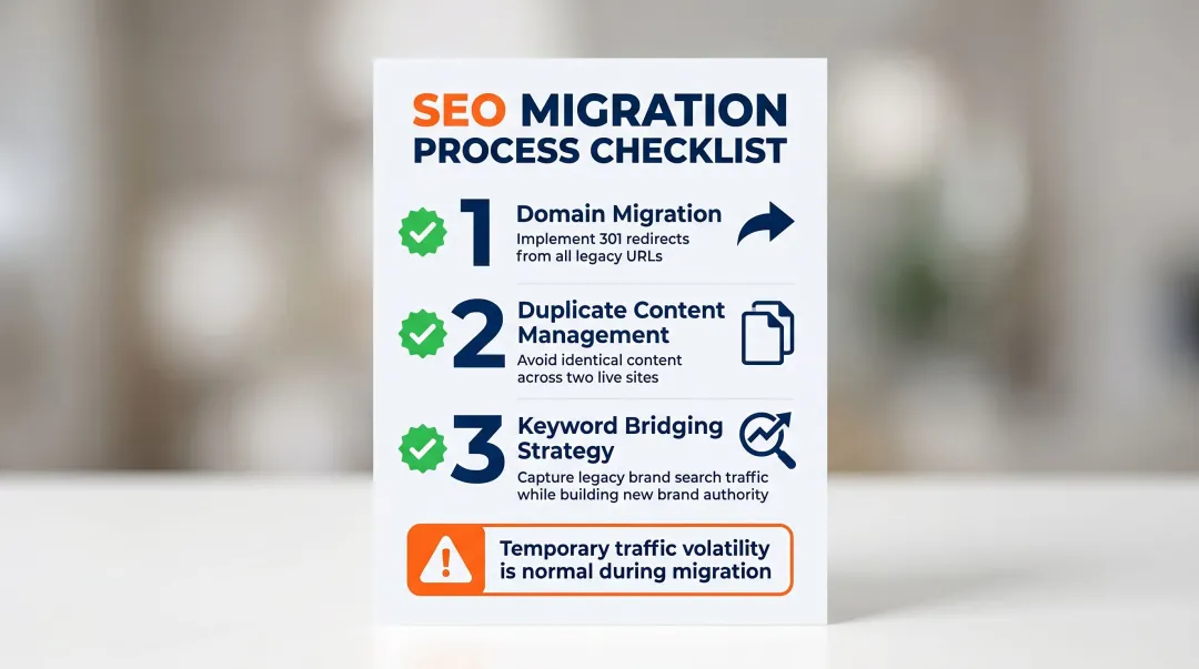 Post-merger website SEO migration checklist domain redirects keyword strategy duplicate content
