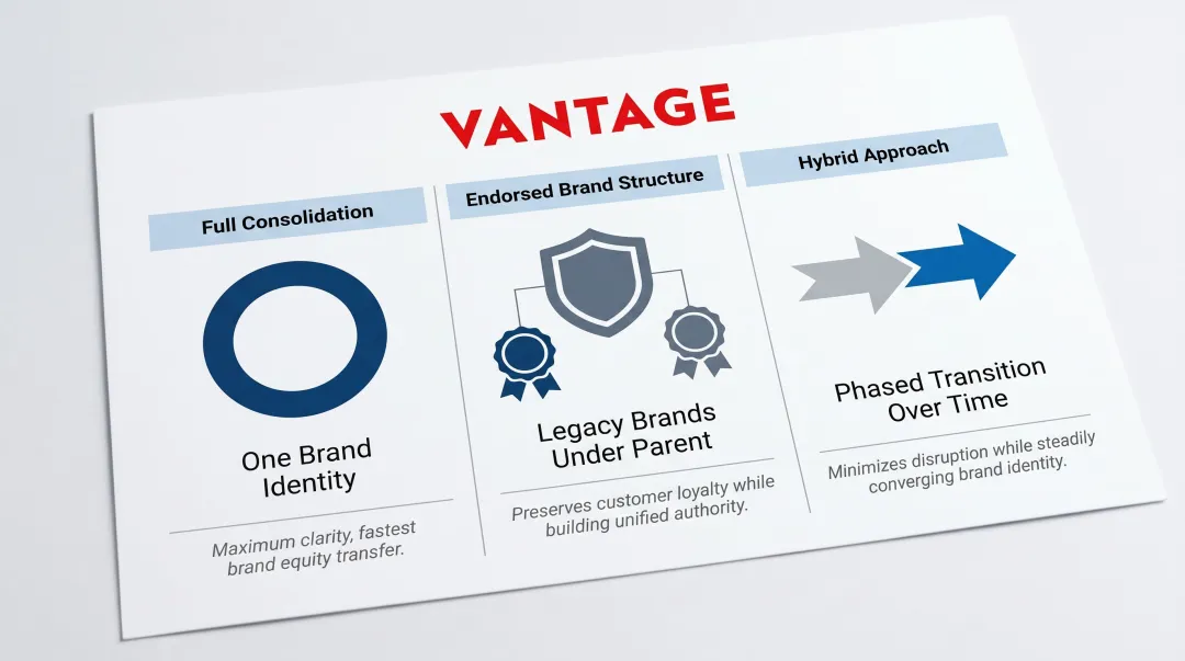 Three post-merger brand architecture models full consolidation endorsed hybrid comparison