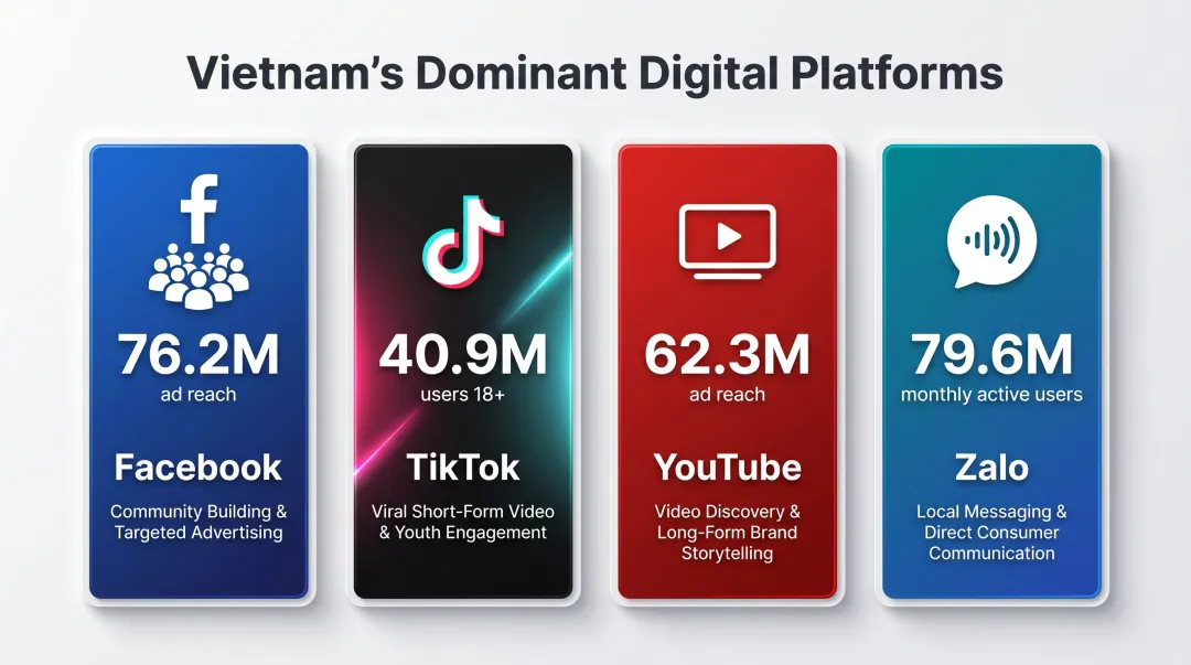 Vietnam top four digital platforms user reach comparison infographic 2026