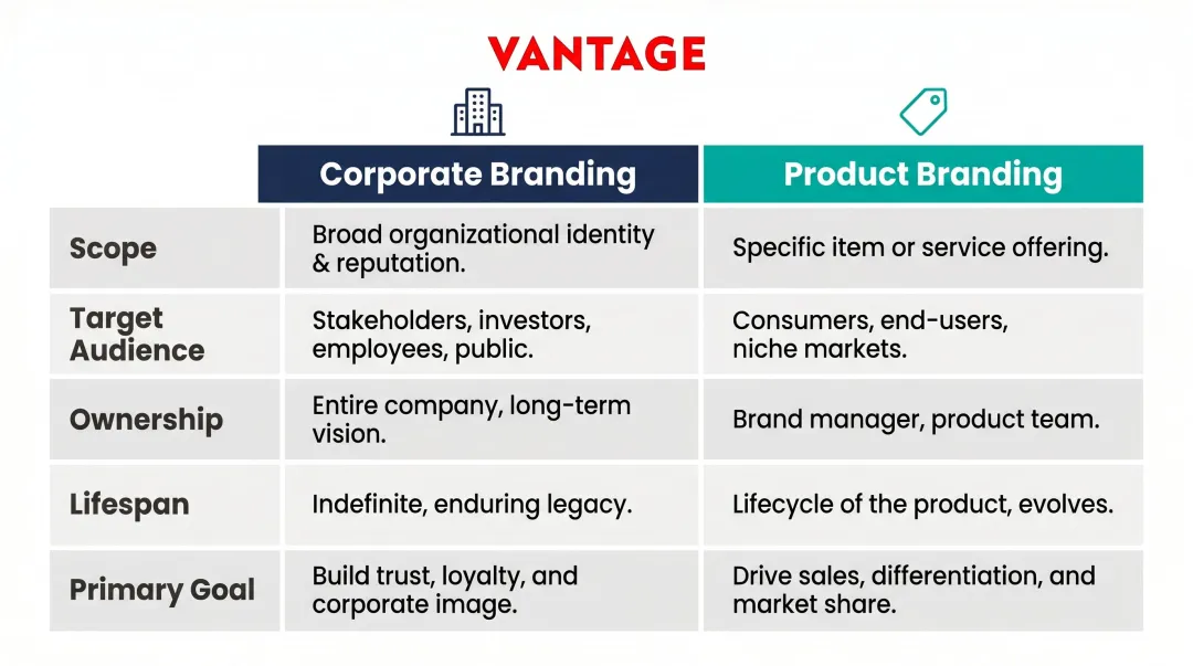 Corporate versus product branding five-dimension side-by-side comparison infographic