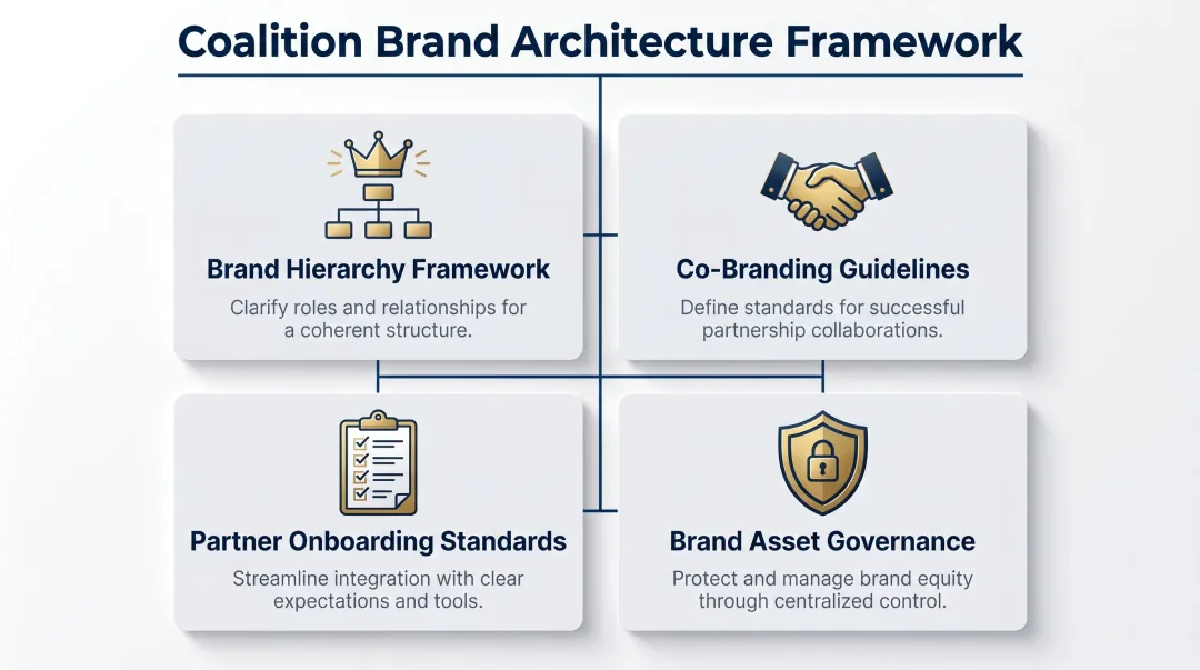 Coalition loyalty brand architecture framework four-pillar governance structure infographic