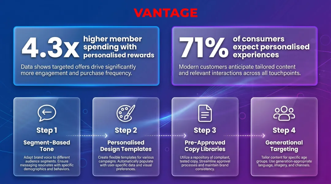 AI-driven loyalty personalisation statistics and modular brand voice framework infographic