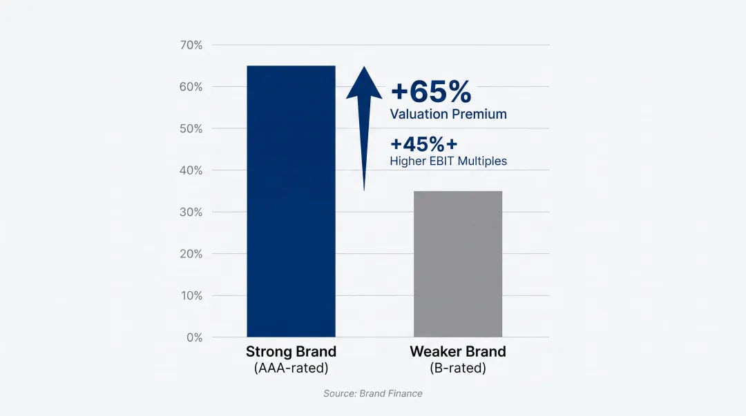 Brand equity valuation premium comparison showing 65% forward price-to-earnings advantage for strong brands