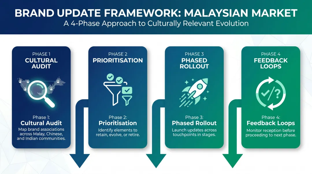Four-phase Malaysian brand update process from cultural audit to feedback loop infographic