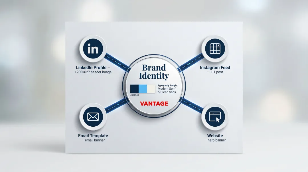 Brand consistency across LinkedIn Instagram email and website digital touchpoints diagram