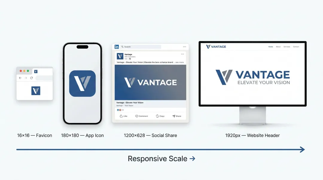 Responsive logo system scaling from favicon to full-width header across digital formats