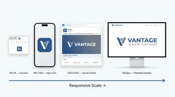 Responsive logo system scaling from favicon to full-width header across digital formats