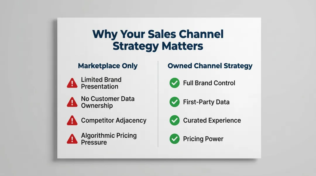 Four pillars of owned channel brand strategy versus marketplace dependency comparison