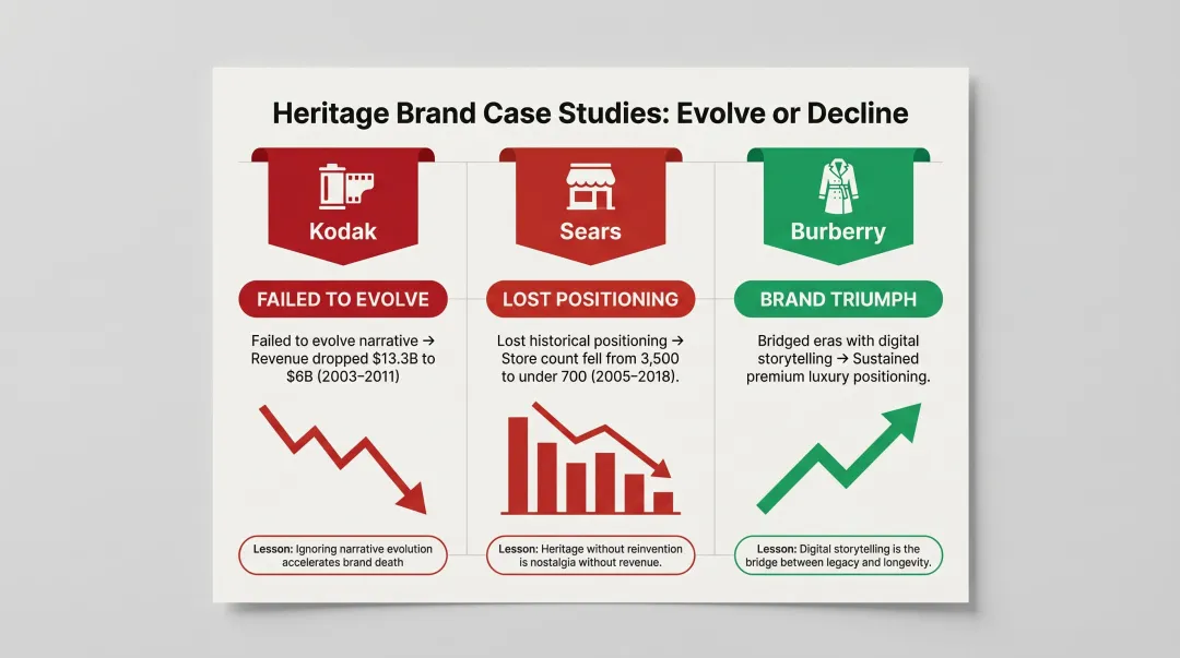 Heritage brand storytelling success versus failure comparison Kodak Sears Burberry case studies