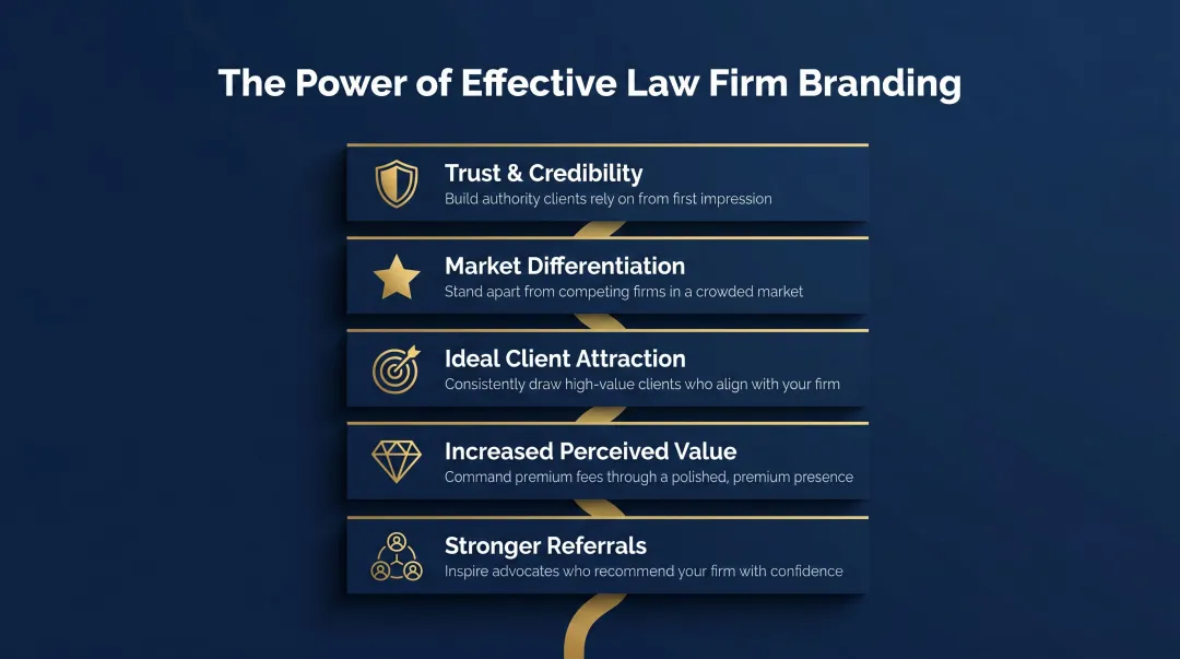 Five key law firm branding benefits from trust to referrals infographic