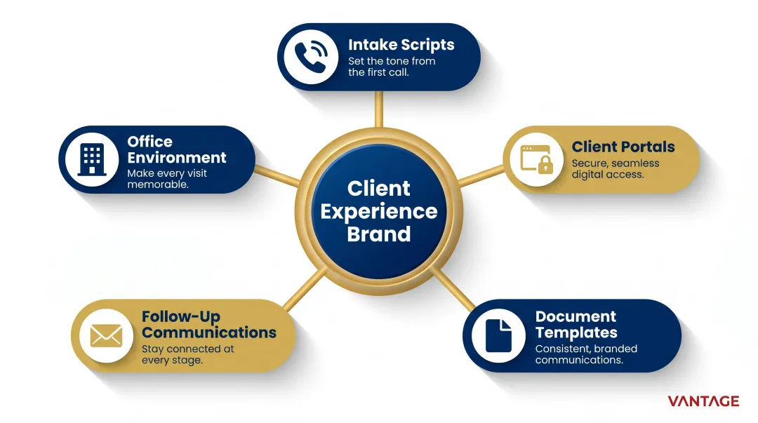 Law firm client experience branding touchpoints from intake to office environment