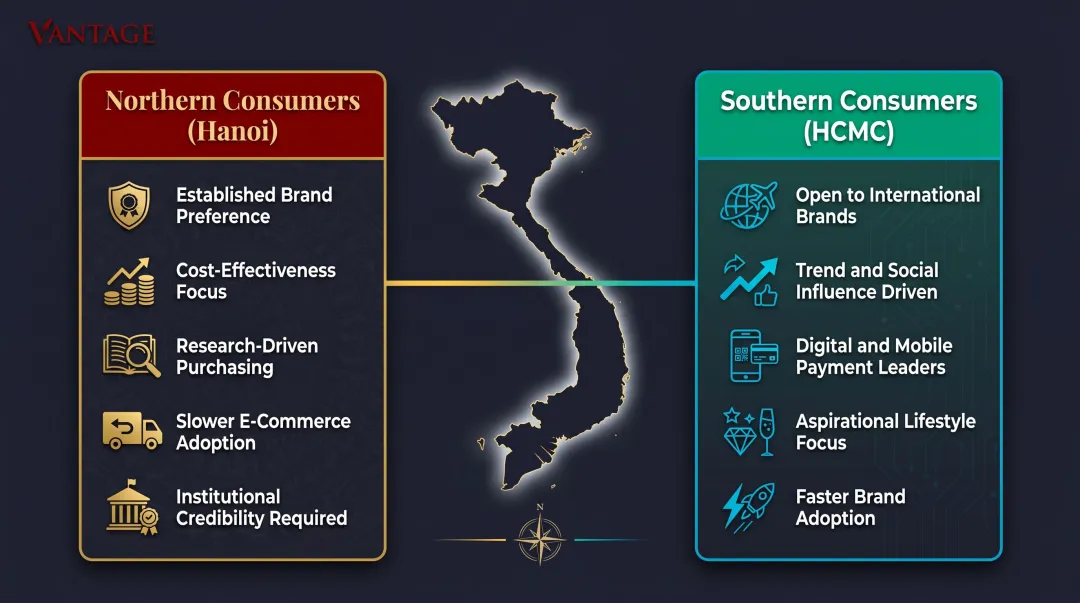 North versus South Vietnam consumer behavior and brand trust signals comparison infographic