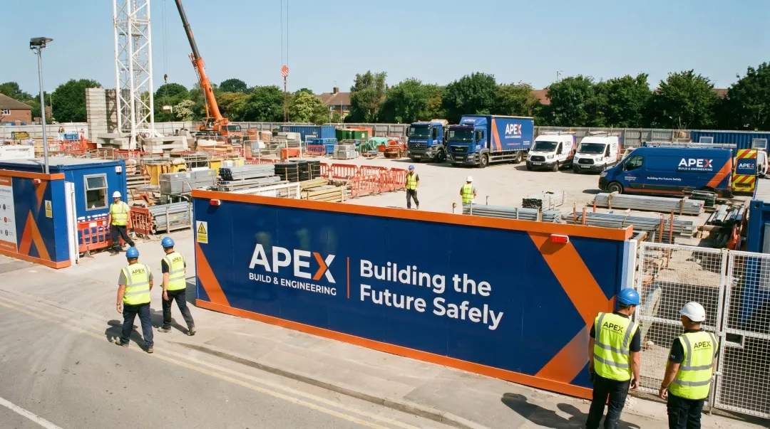 Branded construction site hoarding safety helmets and company vehicles on active project site