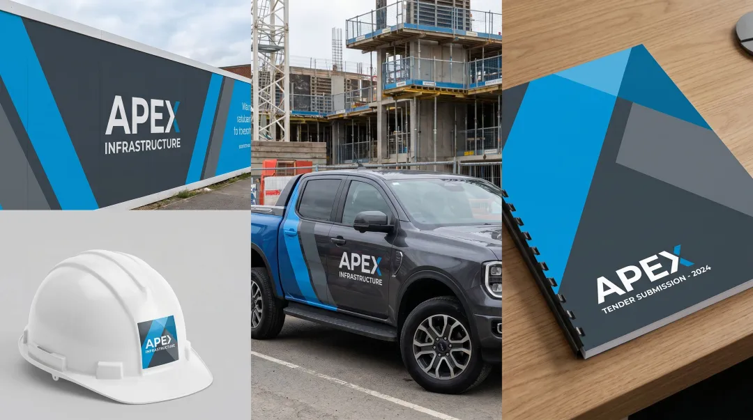 Construction company rebranded site signage vehicles and tender documents with new visual identity