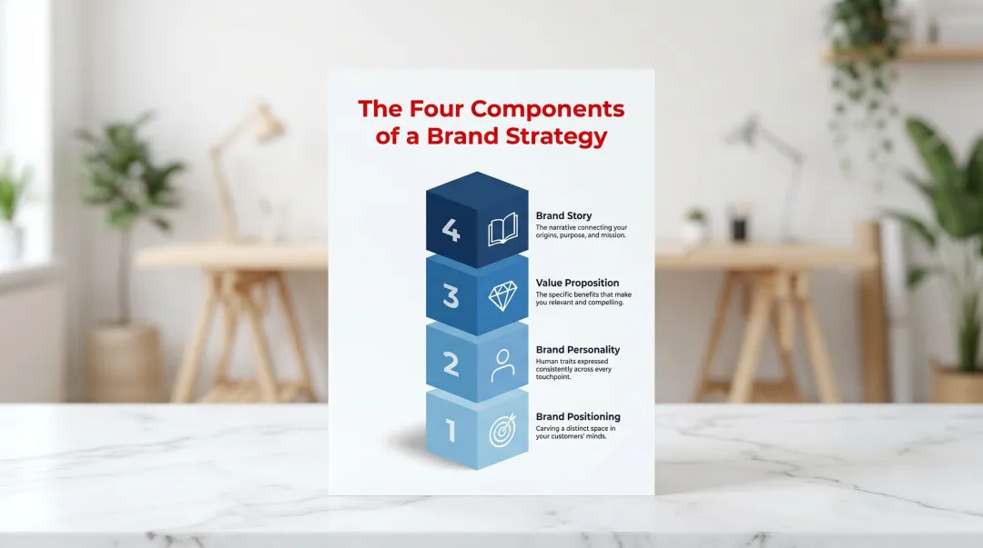 Four core brand strategy components positioning personality value proposition story