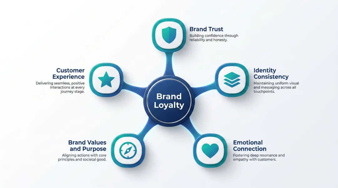 Five pillars of brand loyalty corporate branding framework circular diagram