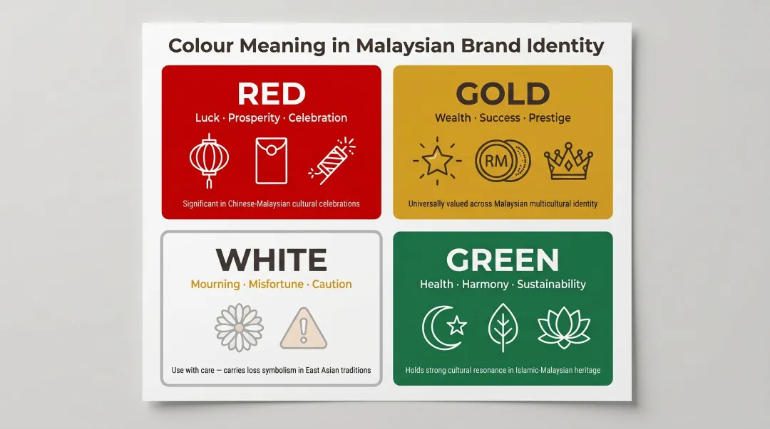 Malaysian cultural colour meanings infographic red gold white green brand symbolism