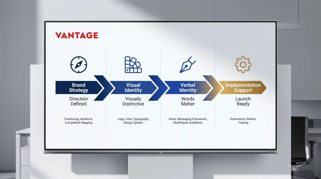 Four-component fintech brand strategy framework covering strategy visual verbal and implementation