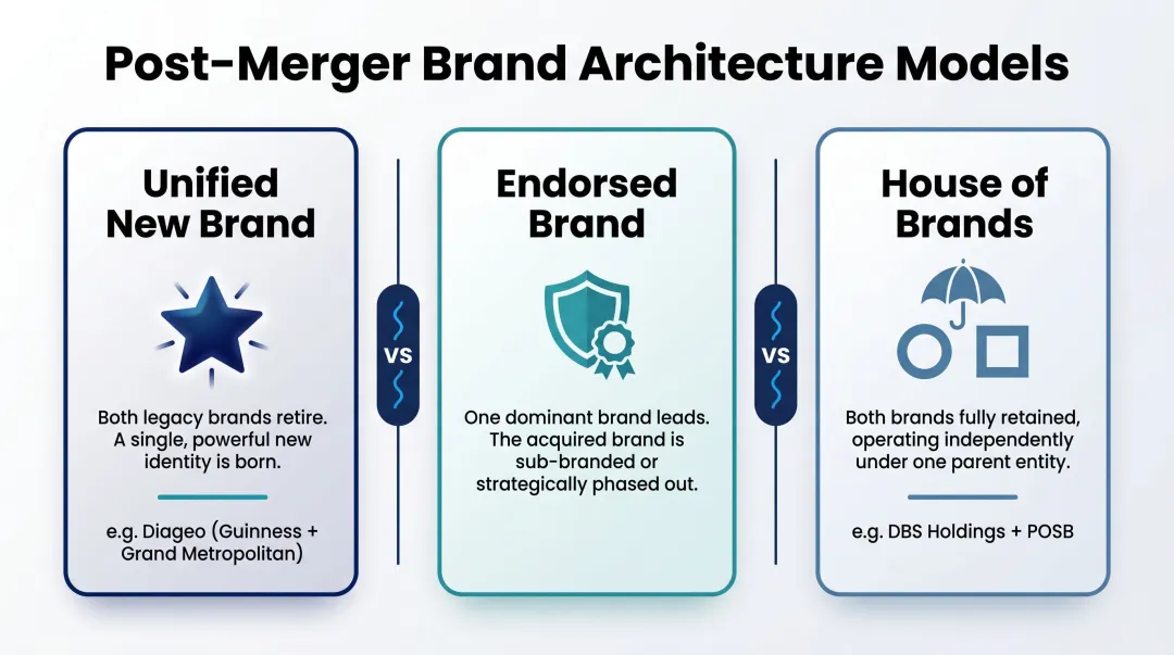 Three post-merger brand architecture models comparison with real-world examples