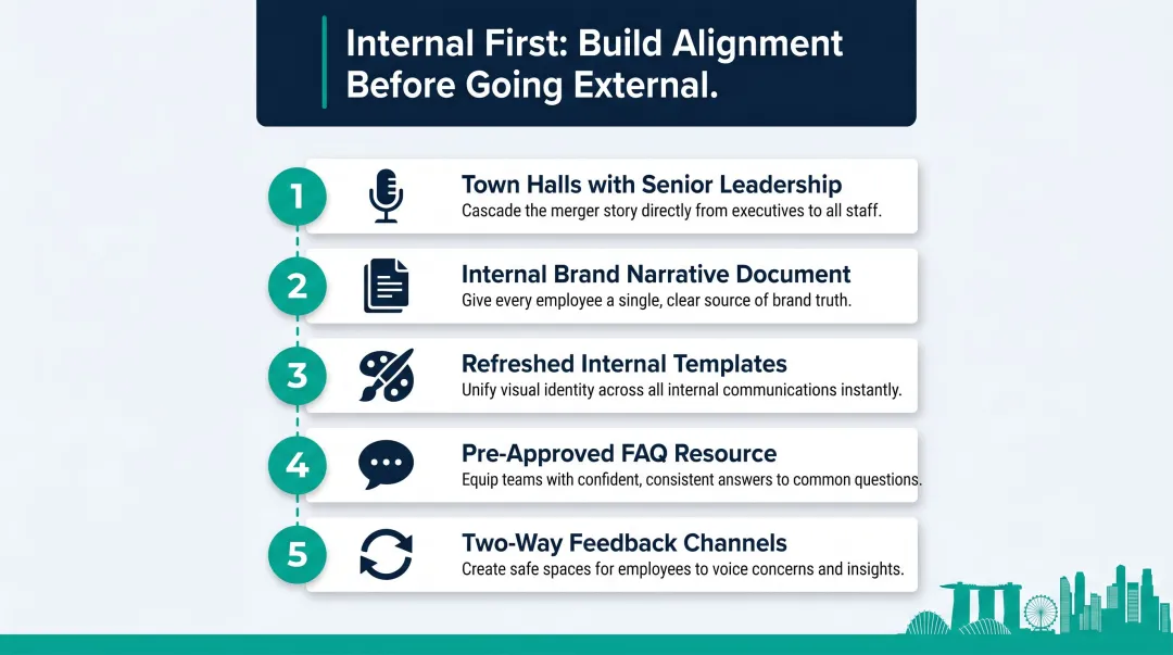 Five internal post-merger brand awareness tactics for Singapore organizations infographic