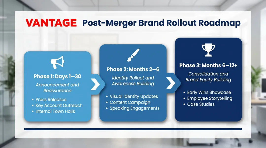 Three-phase post-merger brand awareness rollout timeline from announcement to equity building
