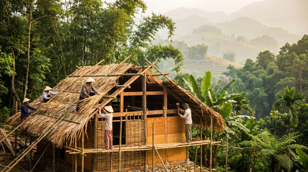 Traditional Vietnamese minority craftsmen constructing thatched bungalow using local natural materials