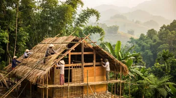 Traditional Vietnamese minority craftsmen constructing thatched bungalow using local natural materials